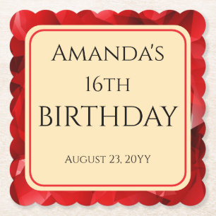 Red Abstract Crystal Design Birthday Custom Text Paper Coaster