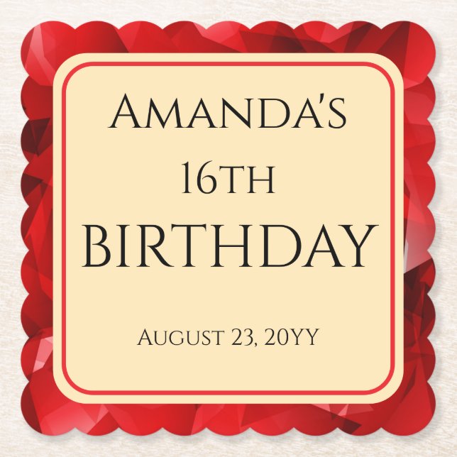 Red Abstract Crystal Design Birthday Custom Text Paper Coaster (Front)