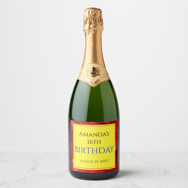 Red Abstract Crystal Design Birthday Custom Text Sparkling Wine Label (Front)