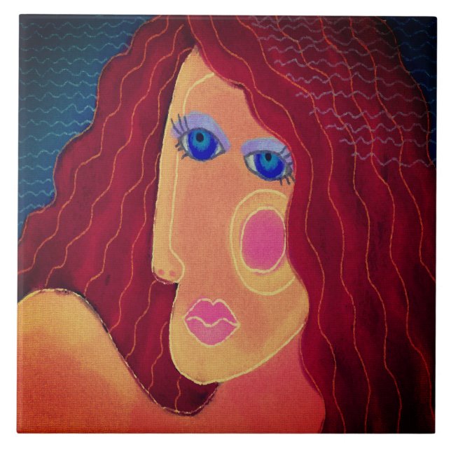 Red Abstract Digital Portrait of a Woman Tile (Front)