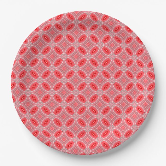 Red Abstract Flower Forms Pattern Paper Plate (Front)