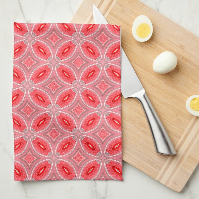 Red Abstract Flower Forms Pattern Tea Towel (Quarter Fold)
