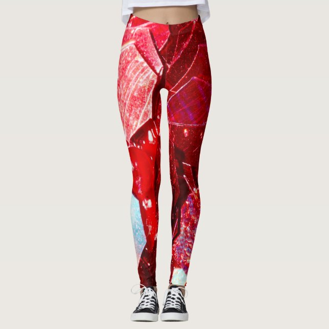 Red abstract mosaic shiny glitter pattern leggings (Front)
