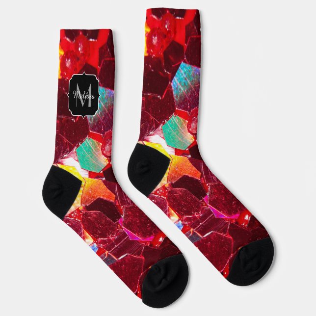 Red abstract mosaic shiny glitter pattern Monogram Socks (Right)
