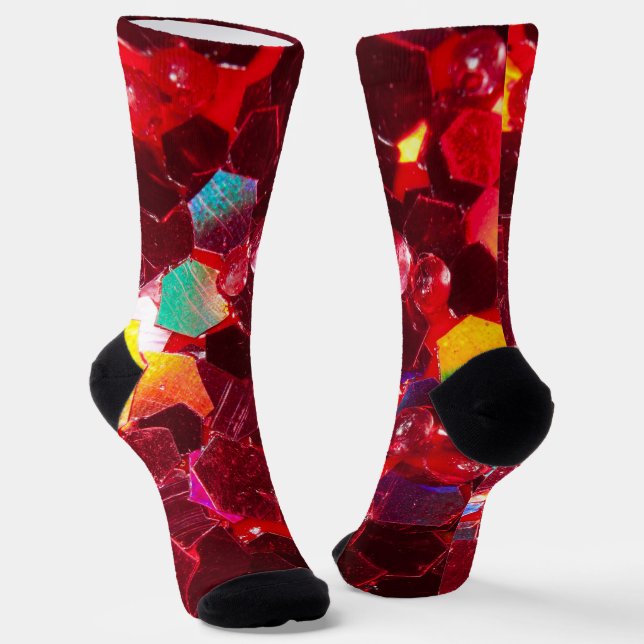 Red abstract mosaic shiny glitter pattern socks (Angled)
