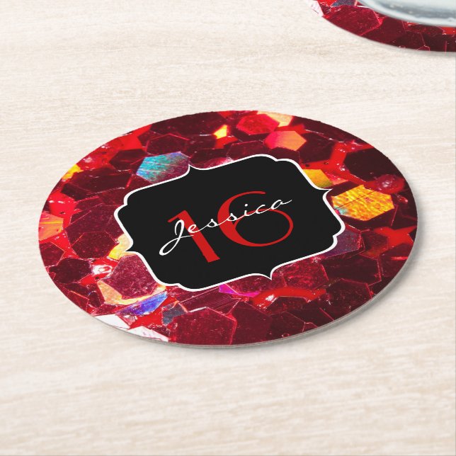 Red abstract mosaic shiny glitter pattern Sweet 16 Round Paper Coaster (Angled)