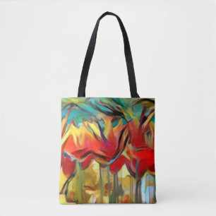 Red abstract painted tulips, flowers, floral tote bag
