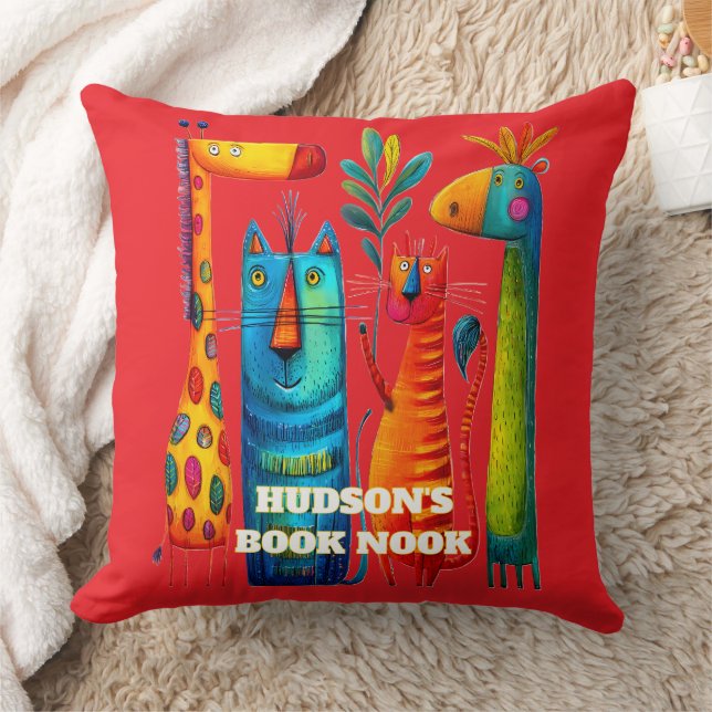 Red Abstract Safari Pals Kids Throw Pillow (Blanket)