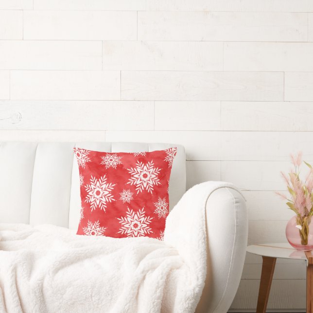 Red Abstract Watercolor Snowflakes Throw Pillow (Couch)