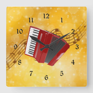 Red Accordion and Musical Notes Square Wall Clock
