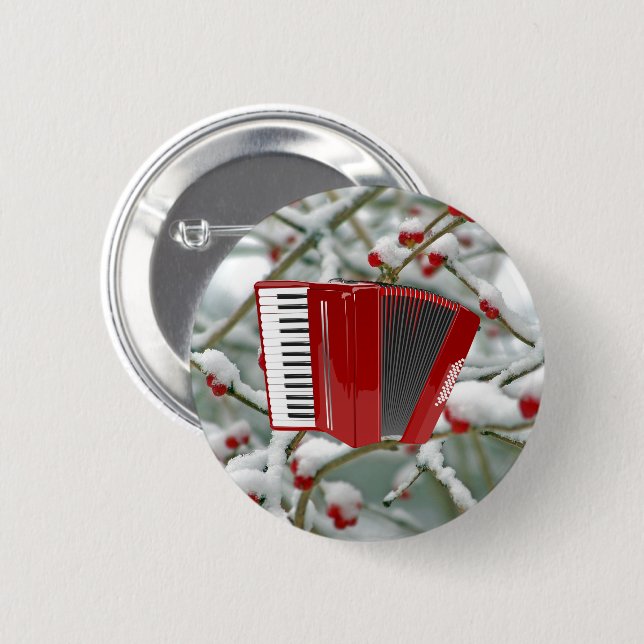 Red Accordion - Berries in the Snow, 6 Cm Round Badge (Front & Back)