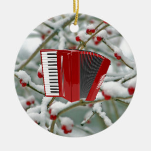 Red Accordion - Berries in the Snow Background Ceramic Tree Decoration