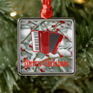 Red Accordion - Berries in the Snow Background Metal Tree Decoration