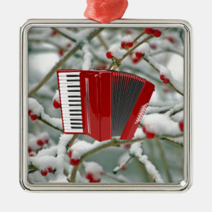Red Accordion - Berries in the Snow Background Metal Tree Decoration