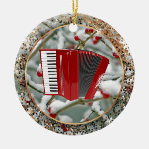 Red Accordion - Berries in the Snow,  Ceramic Tree Decoration
