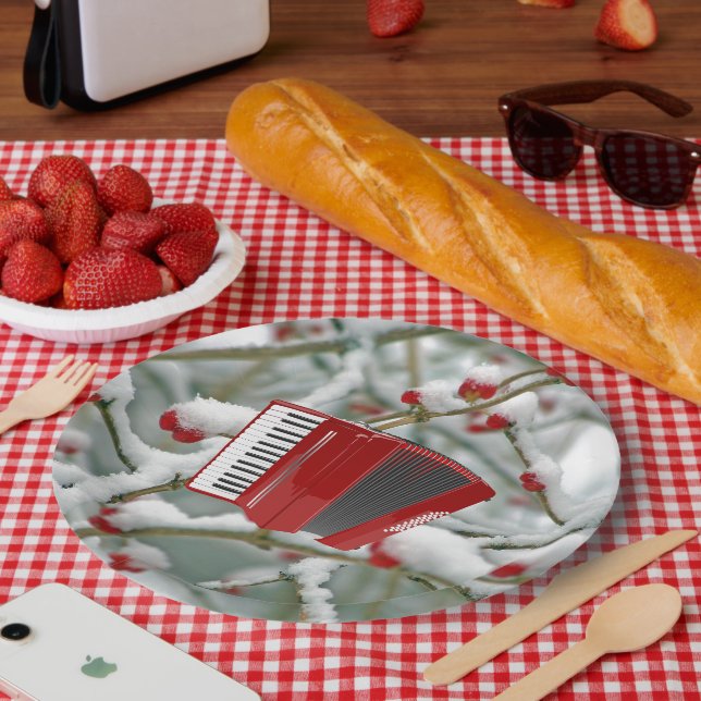 Red Accordion - Berries in the Snow, Paper Plate (Picnic)