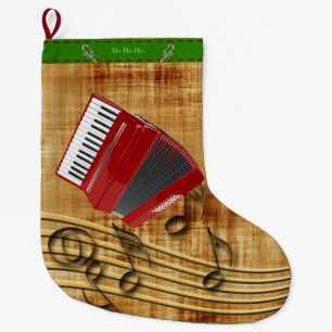 Red accordion, black notes, gold background large christmas stocking