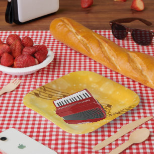 Red Accordion, Musical Notes on Gold Background Pa Paper Plate