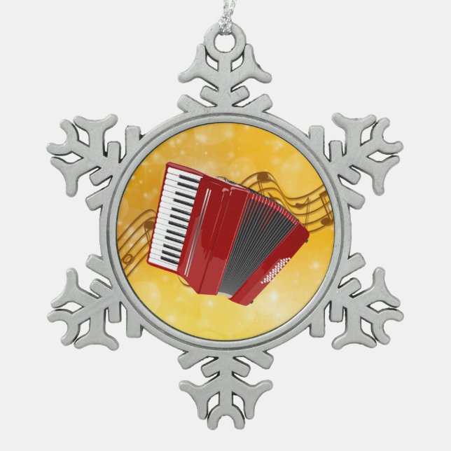 Red Accordion on Musical Notes Snowflake Pewter Christmas Ornament (Front)