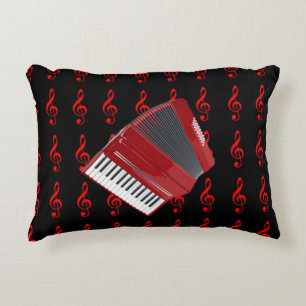 Red Accordion, red treble clef on black background Decorative Cushion