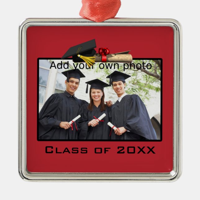 Red Add your Photo / Year Graduation Metal Tree Decoration (Front)