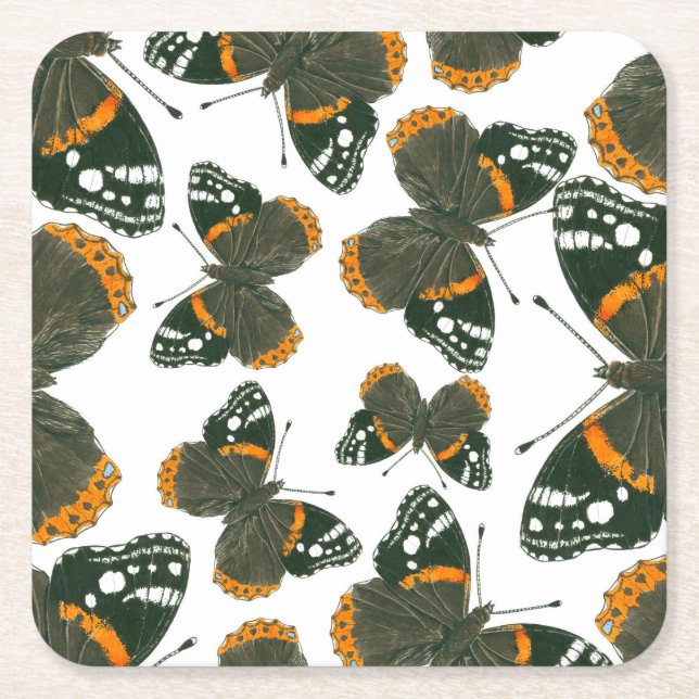 Red admiral butterfly  pattern square paper coaster (Front)