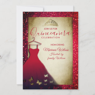 Red adorable butterflies dress tiara Quinceañera  Invitation