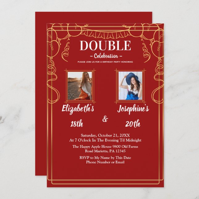 Red Adult Joint Birthday Party  2 Photo Invitation (Front/Back)