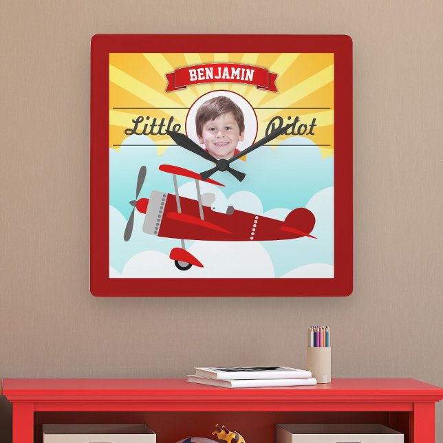 Red Aeroplane Little Pilot Name Photo Kids Room Square Wall Clock (Creator Uploaded)