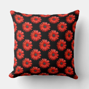 Red African Daisy Pattern on Black Cushion