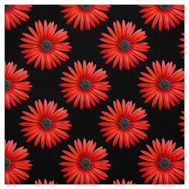 Red African Daisy Pattern on Black Fabric (Swatch)