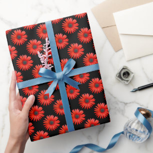 Red African Daisy Pattern on Black Wrapping Paper