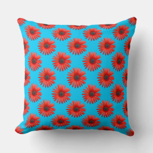 Red African Daisy Pattern on Sky Blue Cushion