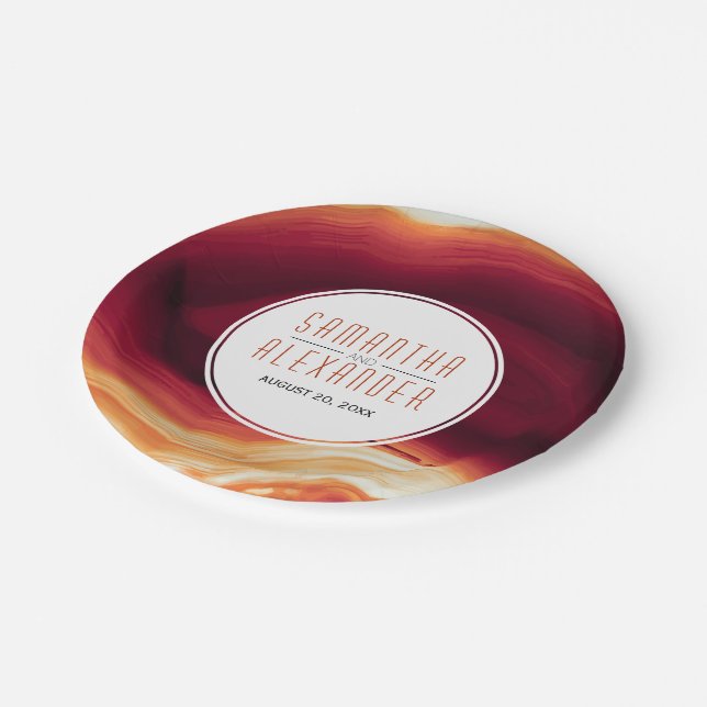 Red agate geode modern fall wedding paper plate (Angled)