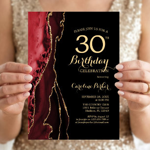 Red Agate Gold Black 30th Birthday Invitation