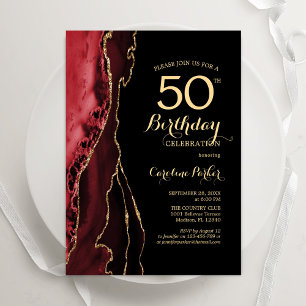 Red Agate Gold Black 50th Birthday Invitation