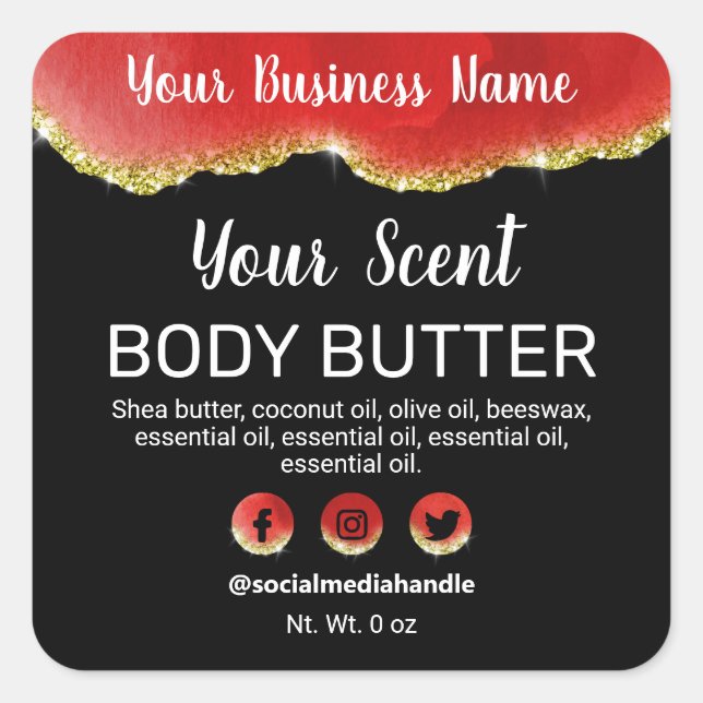 Red Agate Gold Trim Glitter Black Product Labels (Front)