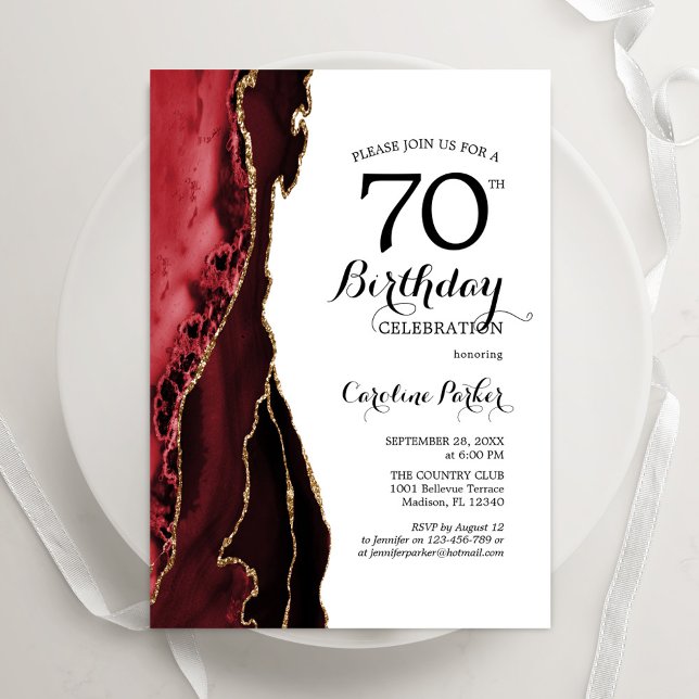 Red Agate Gold White 70th Birthday Invitation (Creator Uploaded)