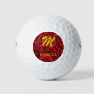 Red Agate Marble gold Monogram personalised Golf Balls
