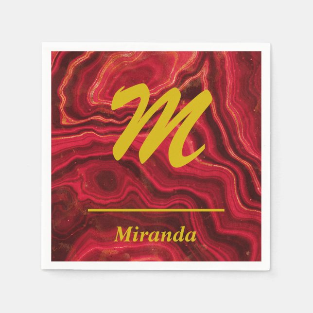 Red Agate Marble with gold Monogram and Name Napkin (Front)