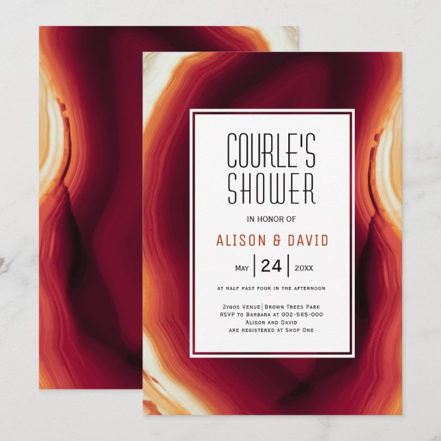 Red agate slice fall wedding couples shower invitation (Front/Back)