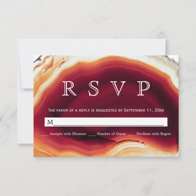 Red agate slice geode autumn colours wedding RSVP (Front)