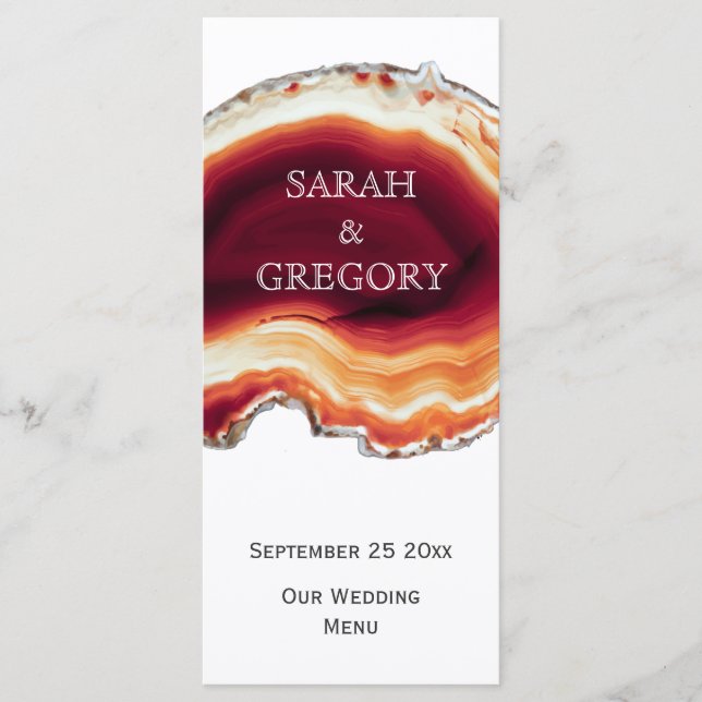 Red agate slice, geode modern fall wedding menu (Front)