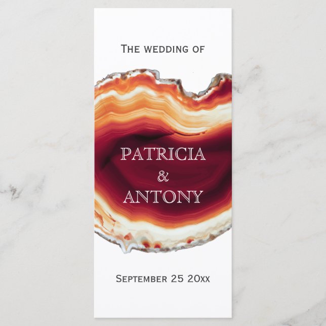 Red agate slice, geode modern fall wedding program programme (Front)
