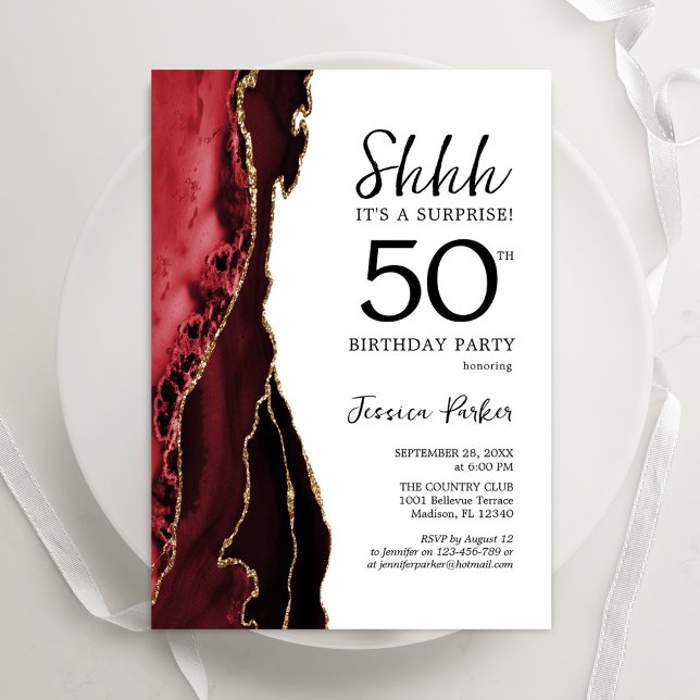 Red Agate White Gold Surprise 50th Birthday Invitation (Creator Uploaded)