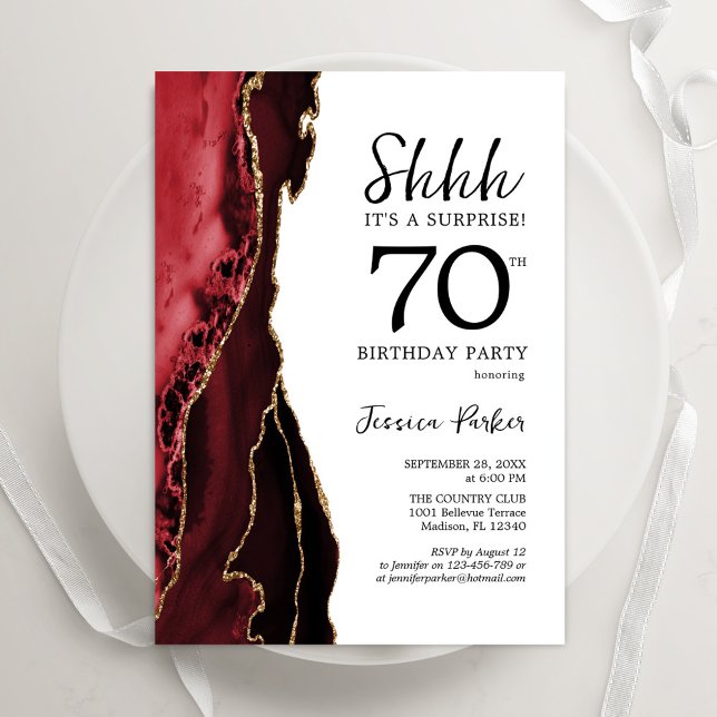 Red Agate White Gold Surprise 70th Birthday Invitation (Creator Uploaded)