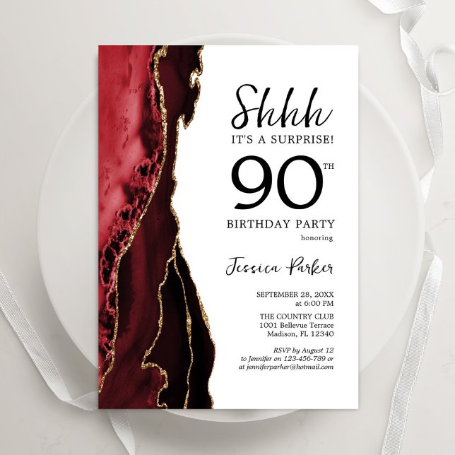 Red Agate White Gold Surprise 90th Birthday Invitation (Creator Uploaded)