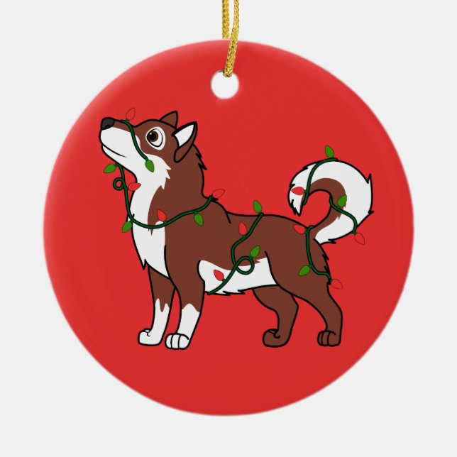 Red Alaskan Malamute with Christmas Lights Ceramic Tree Decoration (Front)