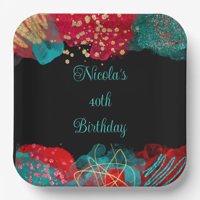 Red Alcohol Ink Birthday Party Paper Plate (Front)