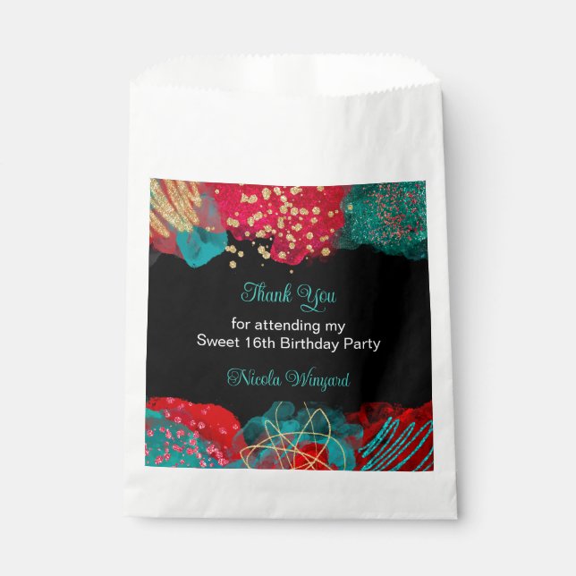 Red Alcohol Ink Sweet 16 Birthday Party Favour Bags (Front)